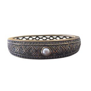 Heidi Daus Cream Faux Pearl and Crystals Hinged Bangle Bracelet Signed